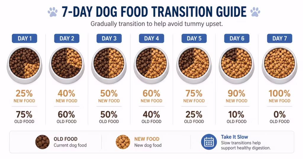 Infographic showing the 7-day process for transitioning a puppy to a new food.