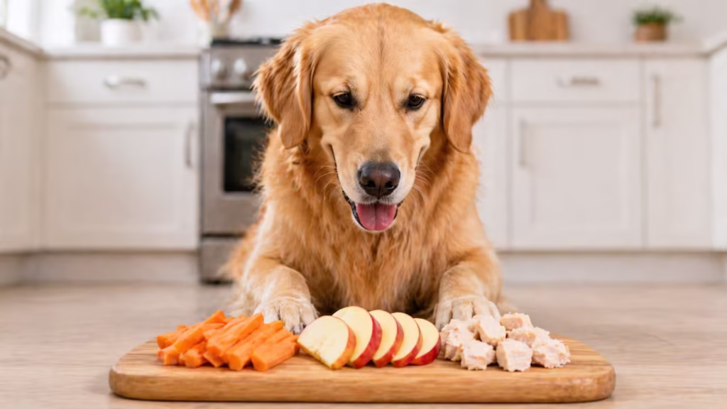 A golden retriever sits beside a cutting board of dog-safe human foods.