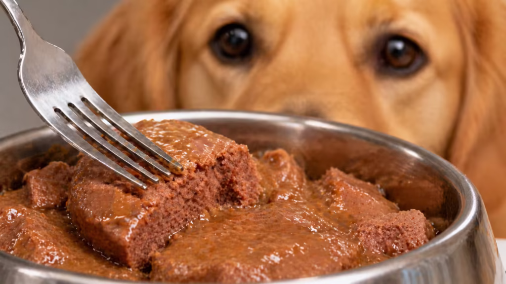 A fork showing the soft, moist texture of wet dog food in a bowl.