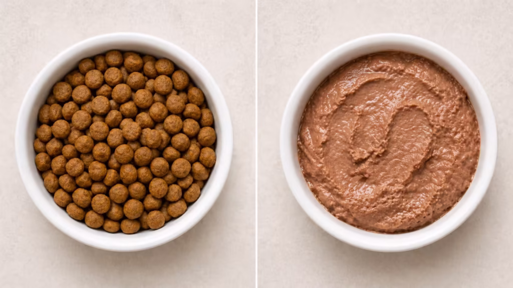A side-by-side comparison of a bowl of dry kibble and a bowl of wet dog food.