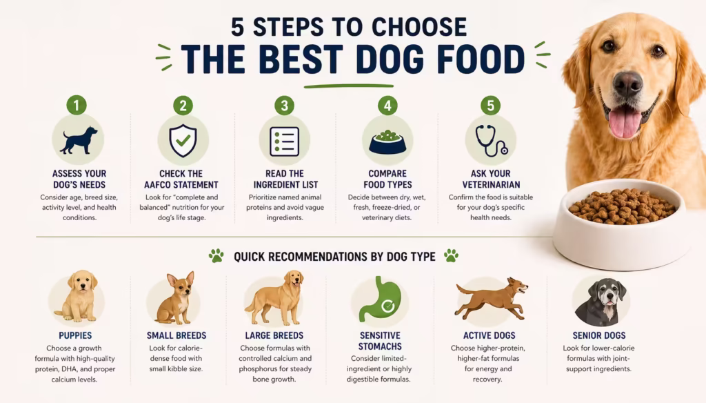 5 steps to choose dog food infographic including AAFCO statement ingredient list and dog type recommendations