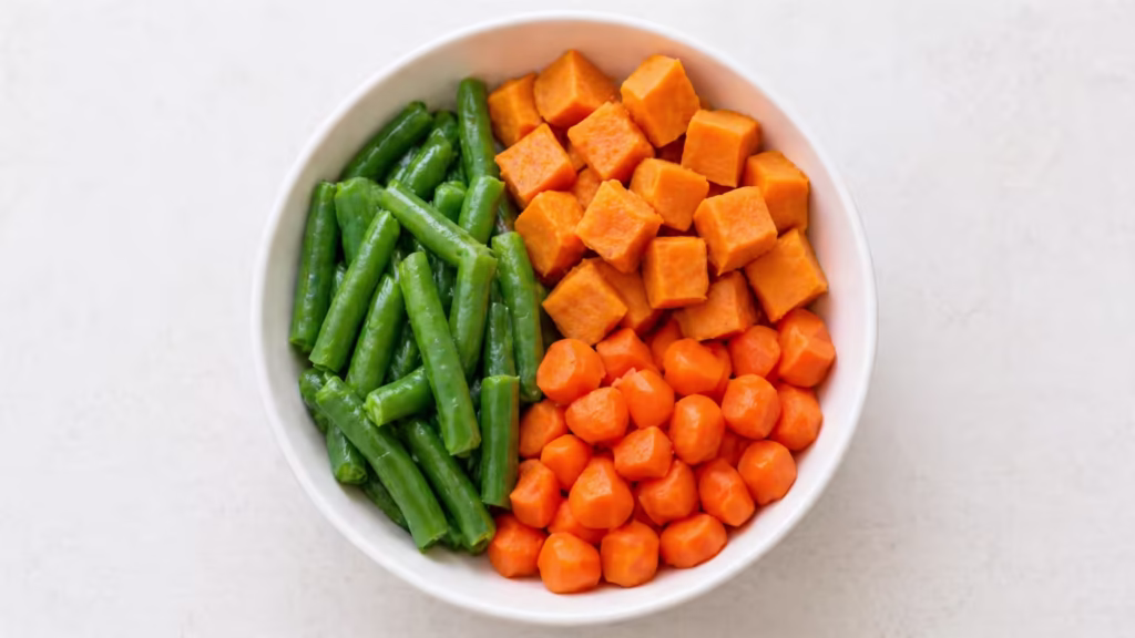A bowl of prepared dog-safe vegetables including green beans, carrots, and sweet potato.