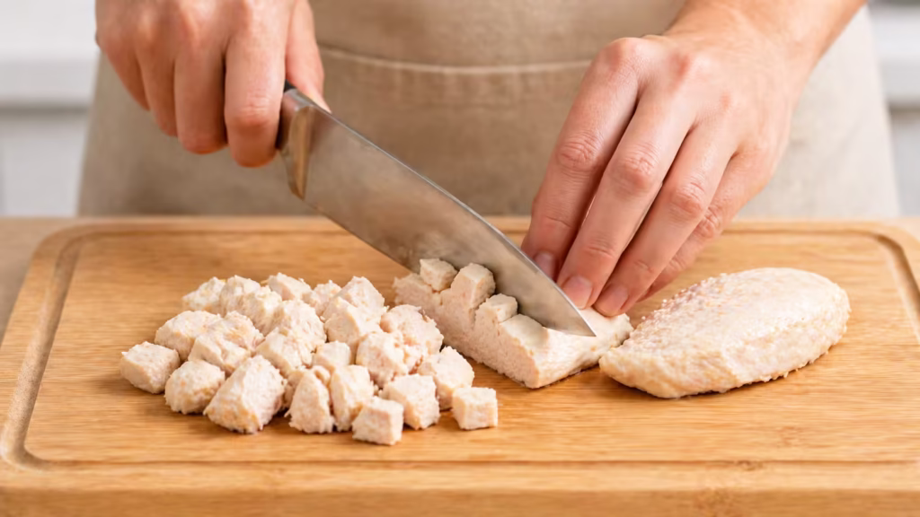 Hands dicing a plain, cooked chicken breast for a dog treat.