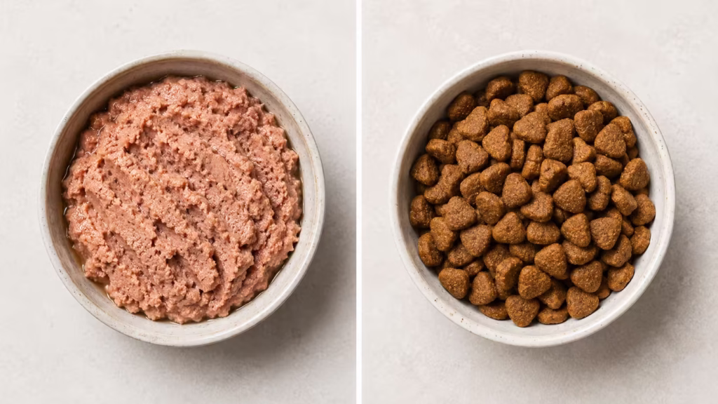 A side-by-side comparison of a bowl of wet cat food and a bowl of dry cat food.
